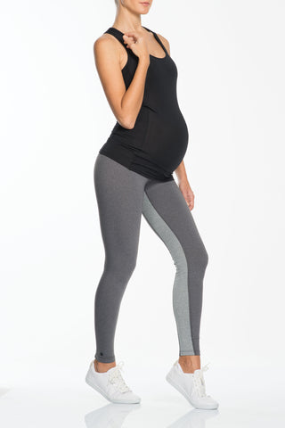 CHARLIE - 7/8 Black dressy maternity leggings with faux leather inseam